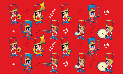 A marching cute brass band with various kind of instruments. With colour and music symbols background.
