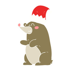flat color illustration of a cartoon bear wearing christmas hat