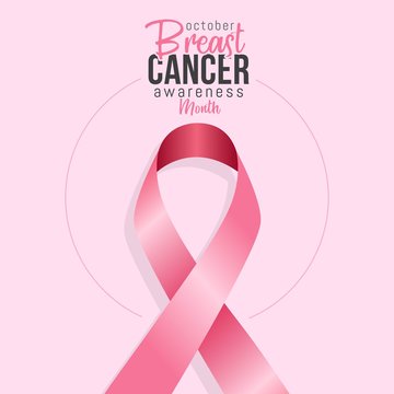 Banner for breast cancer awareness month in october with realistic pink ribbon. vector illustration