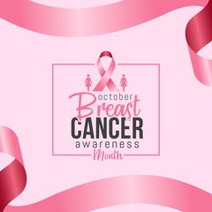 Banner for breast cancer awareness month in october with realistic pink ribbon. vector illustration