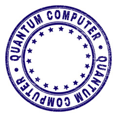 QUANTUM COMPUTER stamp seal watermark with grunge texture. Designed with circles and stars. Blue vector rubber print of QUANTUM COMPUTER text with retro texture.