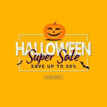Halloween Sale Banner with holiday symbols pumpkin and ghost. Great for banner, voucher, coupon. vector illustration