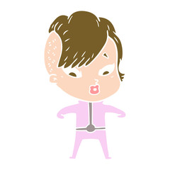 flat color style cartoon surprised girl in science fiction clothes