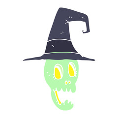 flat color illustration of a cartoon skull wearing witch hat