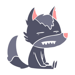 flat color style cartoon sitting  wolf showing teeth