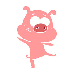 happy flat color style cartoon pig dancing