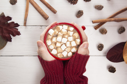 Personal Holding a Mug of Hot Chocolate with Marshmallows on a Wooden Table