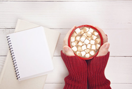 Personal Holding a Mug of Hot Chocolate with Marshmallows with a Novel to Read