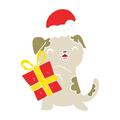 cute flat color style cartoon puppy with christmas present and hat
