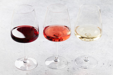 Red, rose and white wine glasses