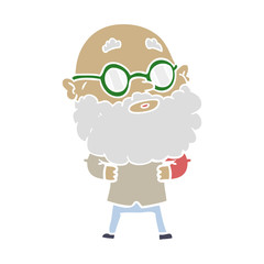 flat color style cartoon curious man with beard and glasses