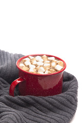 Mug of Hot Chocolate in a Red Metal Mug Wrapped in a Sweater