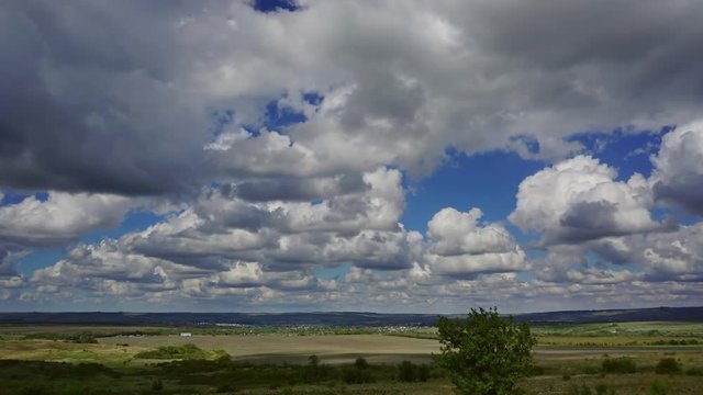 summer landscape with cloudy sky, view from hill, timelapse, 4k