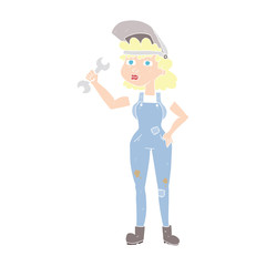 flat color illustration of a cartoon woman with spanner