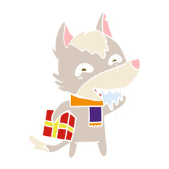 flat color style cartoon hungry wolf holding christmas present