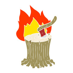 flat color illustration of a cartoon axe in a flaming tree stump