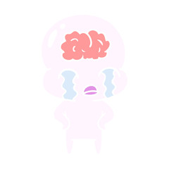 flat color style cartoon big brain alien crying