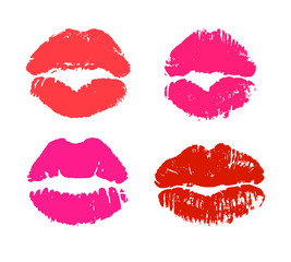 Glamour lips silhouettes isolated on white background. Bright red and pink lipstick kiss prints vector illustration. Happy valentines day romantic symbol. Sensual love signs in pop art style.