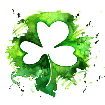 A vector and watercolor drawing of a shamrock, an Irish clover, with a grunge texture and copy space, a design template for a St Patrick's Day greeting card or invitation with a place for text