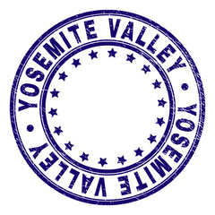 YOSEMITE VALLEY stamp seal watermark with grunge texture. Designed with circles and stars. Blue vector rubber print of YOSEMITE VALLEY text with grunge texture.