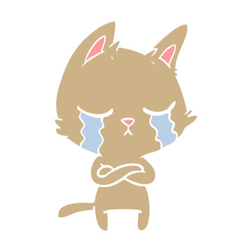 crying flat color style cartoon cat with folded arms