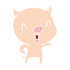 happy flat color style cartoon pig
