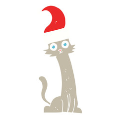 flat color illustration of a cartoon cat in christmas hat