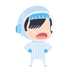 flat color style cartoon astronaut woman explaining