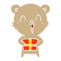happy flat color style cartoon bear with christmas gift