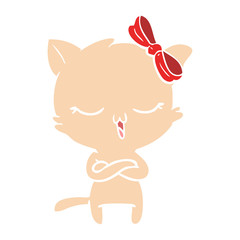 flat color style cartoon cat with bow on head