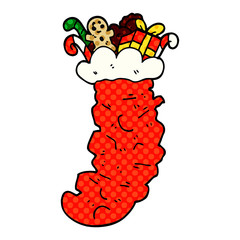 cartoon doodle christmas stocking stuffed with toys