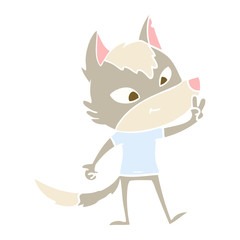 friendly flat color style cartoon wolf giving peace sign