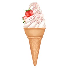 Vanilla ice cream cone with strawberry isolated on white