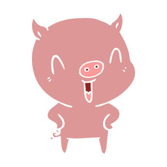 happy flat color style cartoon pig