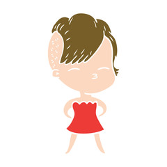 flat color style cartoon squinting girl in dress