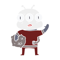 flat color style cartoon three eyed alien waving