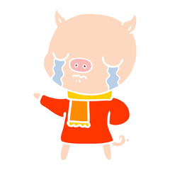 flat color style cartoon crying pig wearing scarf