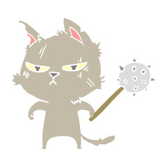 tough flat color style cartoon cat with mace