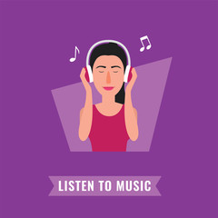 Listen to music illustration. Woman in big headphones listening to music