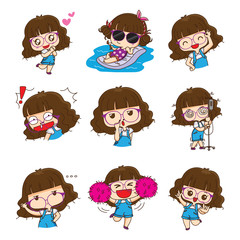 Cute glasses girl character design in different emotions and expressions. Editable stroke.