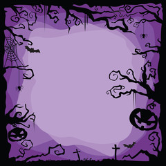 Vector Halloween purple background with flying bats, spiders, web, cobweb, pumpkins, tombs, tree.
