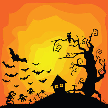 Vector Halloween orange background with many flying bats, old house, ghosts, tombs, owl, tree.