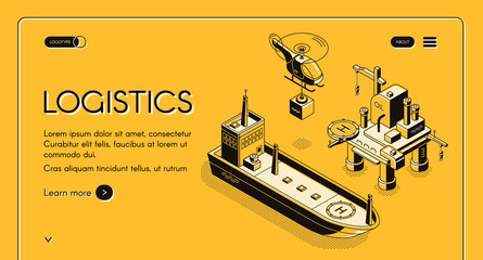 Global maritime logistics company vector web banner, landing page with helicopter carrying container and cargo ship or oil tanker near oil platform isometric line art illustration on yellow background © vectorpouch