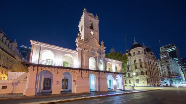 Night time lapse of a Spanish colonial building in Buenos Aires near Casa Rosada, Argentina