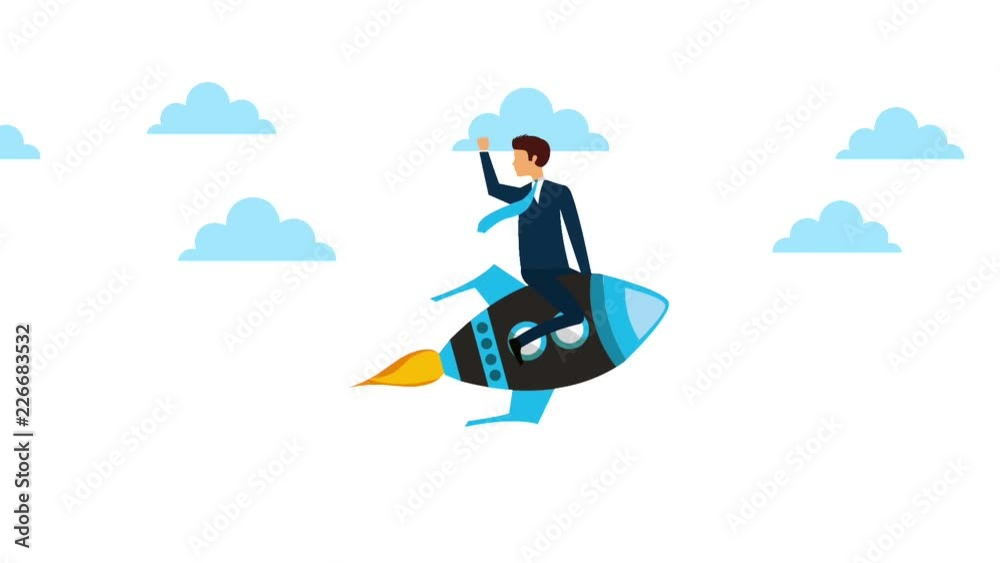 Poster businessman on rocket flying sky