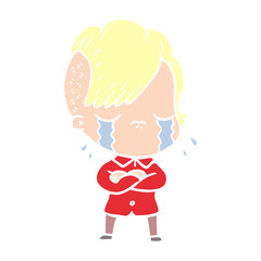 flat color style cartoon crying girl with crossed arms