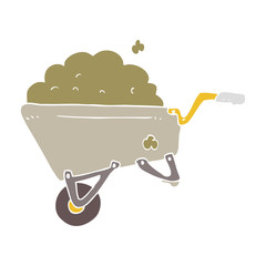 flat color illustration of a cartoon wheelbarrow full of dirt