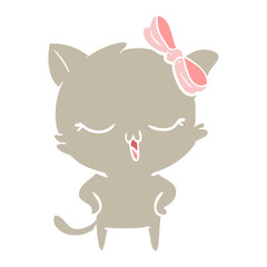 flat color style cartoon cat with bow on head and hands on hips