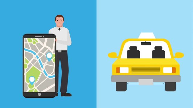 man with mobile navigation map taxi app