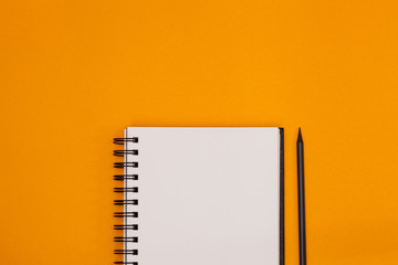 Blank spiral notebook and pencil on orange background. Top view with copy space for input the text.